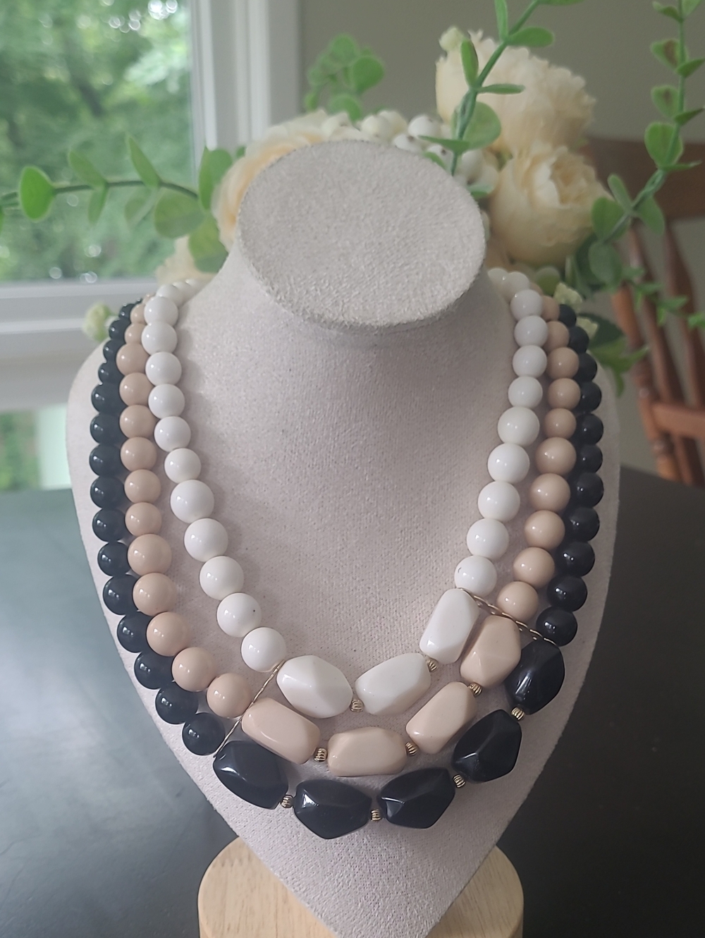 Layered Beige White and Black Beaded Statement Necklace